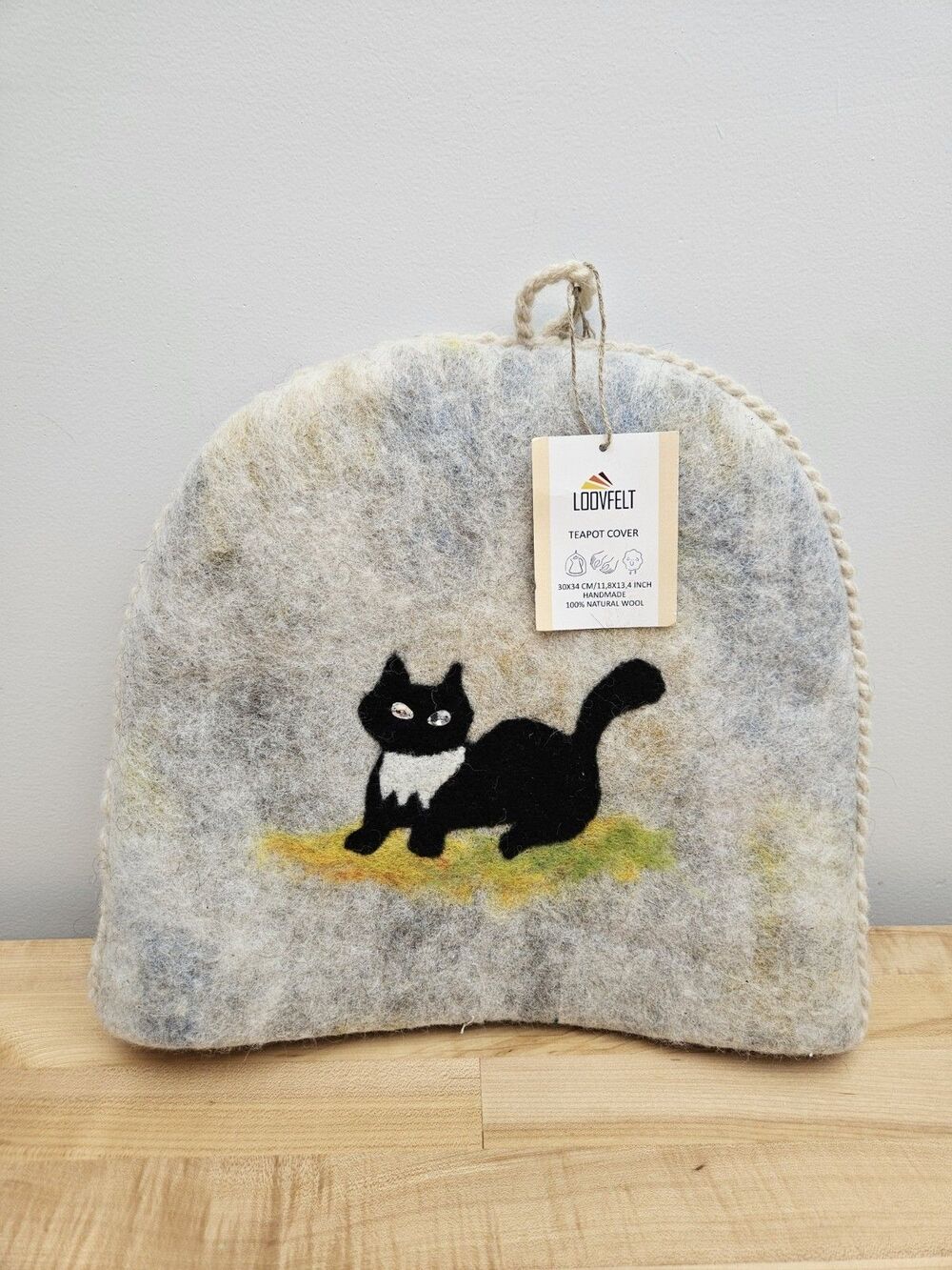 Loovfelt Handmade Natural 100% WOOL Felted Tea Cozy Black Cat Witchy Halloween